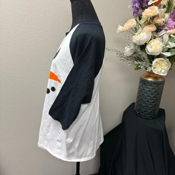 Cute Snowman Face Baseball Tee Black White Holiday Graphic Top Winter Fun - Picture 2 of 5